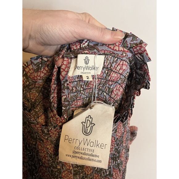 NWT PERRY WALKER Women’s Floral Ruffle Sleeve Smocked Tiered Midi Dress Size 2 - Picture 6 of 8